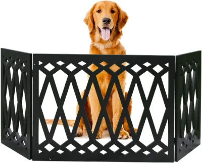 Wood Pet Gate - Decorative Black Tri Fold Dog Fence for Doorways, Stairs - Indoor/Outdoor Pet Barrier